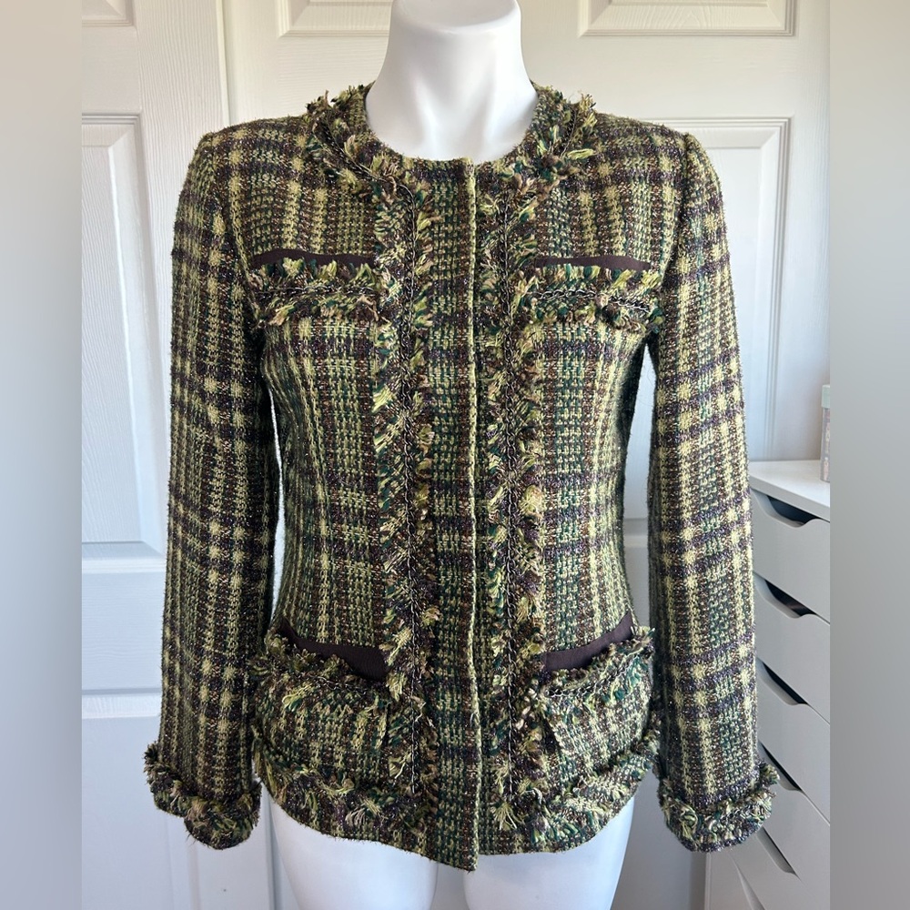Chico’s Green and Brown Tweed Jacket Blazer